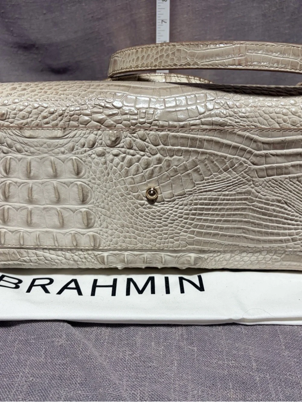 Brahmin Cream Croc-Embossed Leather Satchel with Gold Hardware